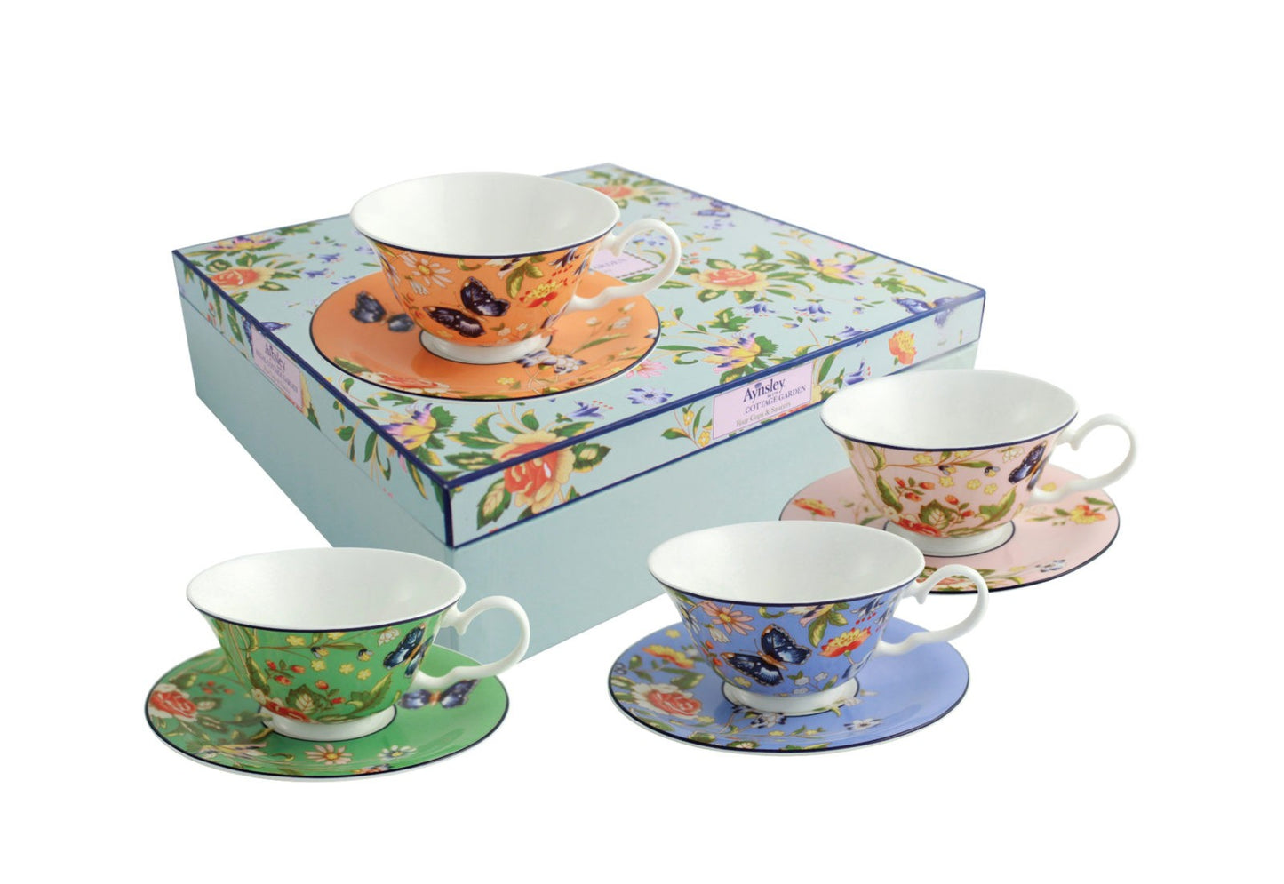 Cottage Garden Windsor 4 Teacup & Saucer Set