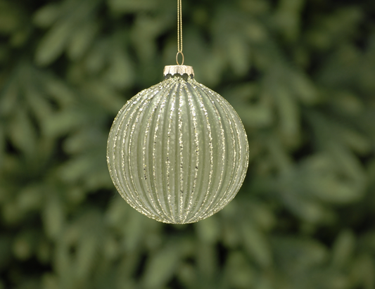 10cm sage green ridged - glitter glass Bauble