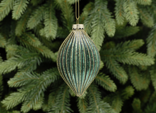 13cm green with gold glitter ridged glass olive