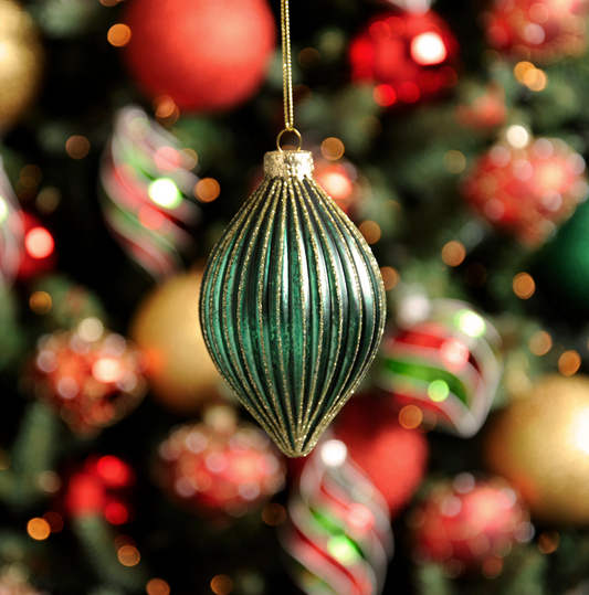 13cm green with gold glitter ridged glass olive