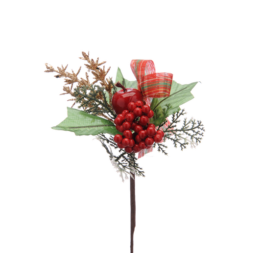 16cm red berries and red tartan bow pick