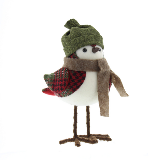 20cm fabric white and tartan robin with green hat