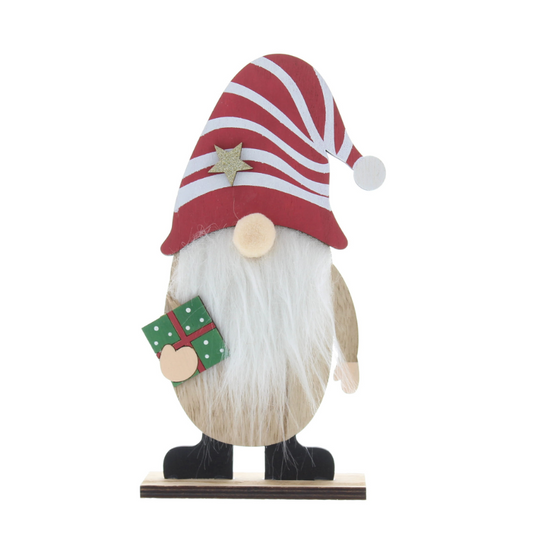 23cm wooden gonk with red/white stripped hat