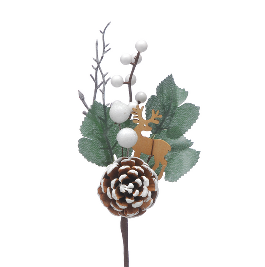 28cm white berries with wooden reindeer pick