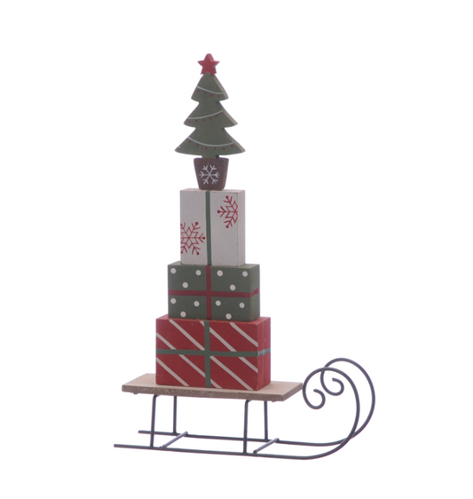 29cm wooden sleigh with presents and tree