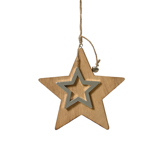 Wooden/Silver Star with bell W16cm H16.5cm