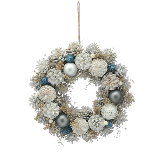 30cm pinecone and silver/grey Baubles wreath in box