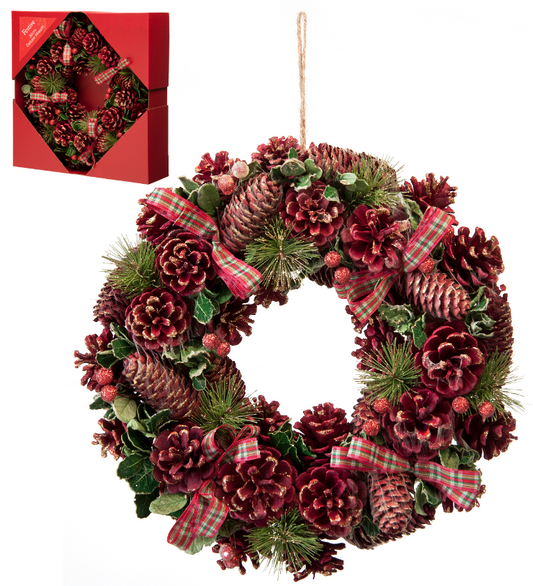 36cm red pinecone wreath in box