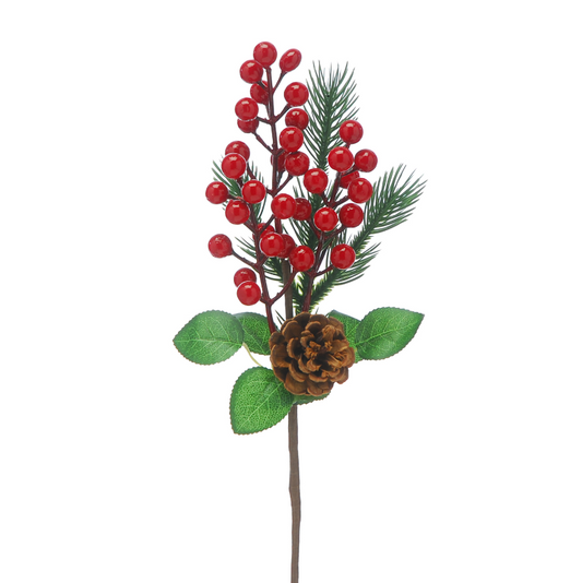 39cm red berry and pinecone with green leaf pick