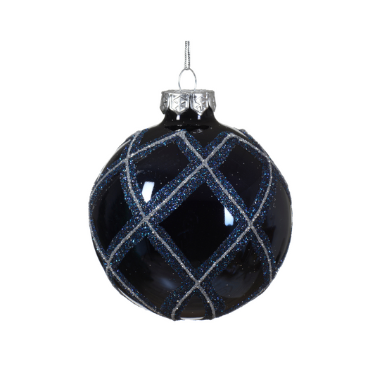 Navy and Silver Glass Bauble Checked 8cm