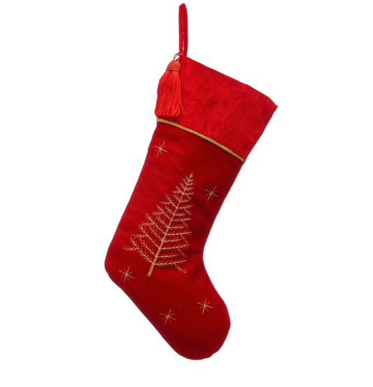 46cm red velvet stocking with gold tree embroidery