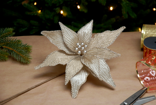 50cm cream gold poinsettia stem with sequins