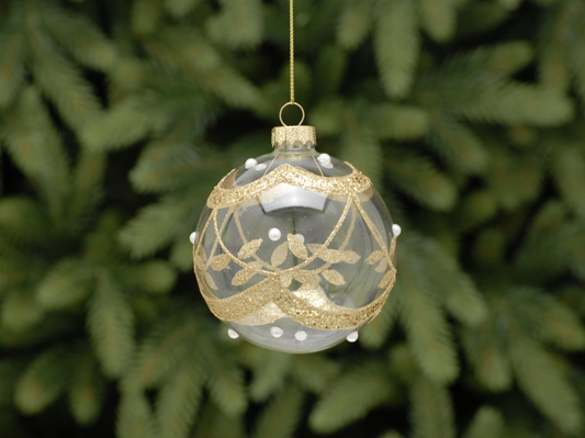 8cm clear with gold glitter lines glass Bauble