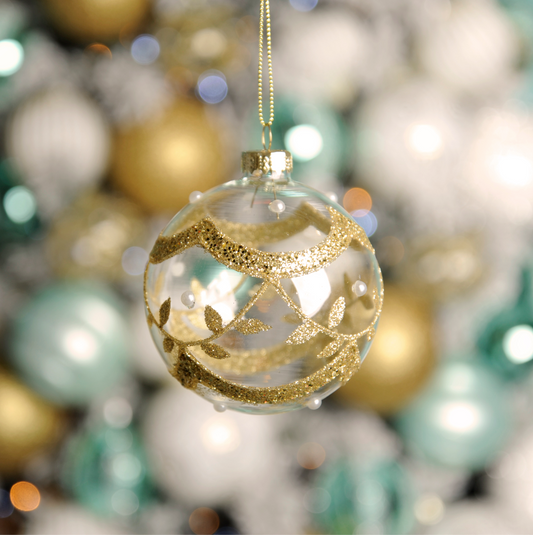 8cm clear with gold glitter lines glass Bauble