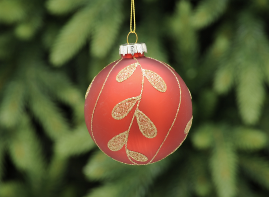 8cm red glass Bauble with gold glitter leaves