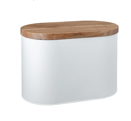 DENBY WHITE BREAD BIN WITH ACACIA LID