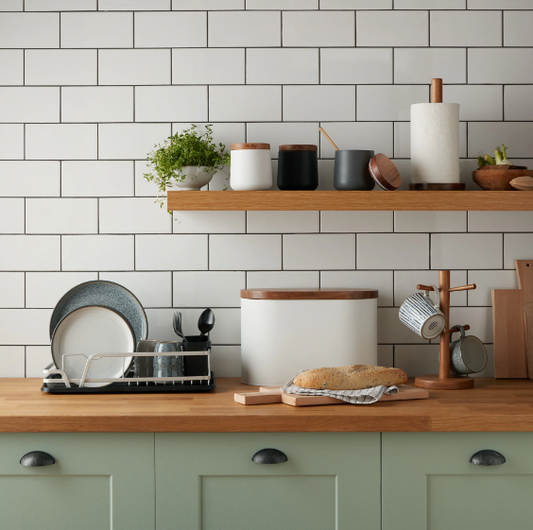 DENBY WHITE BREAD BIN WITH ACACIA LID