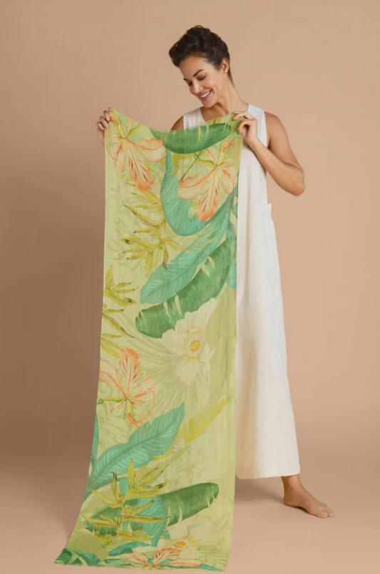 Delicate Tropics Linen Print Scarf - Sage