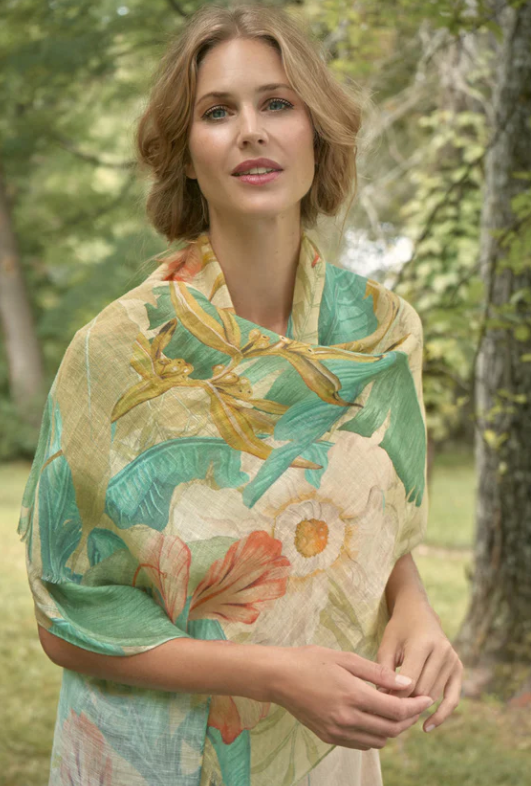 Delicate Tropics Linen Print Scarf - Sage