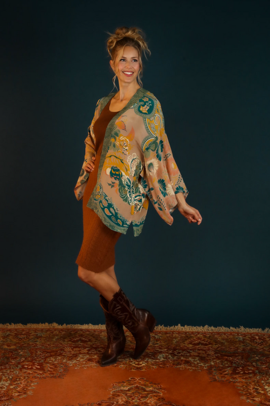 Folk Art Floral Kimono Jacket - Floral Design Pink