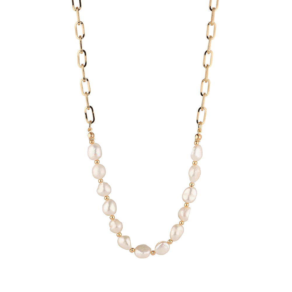 Freshwater Pearl & Paperclip Chain Necklace, Gold