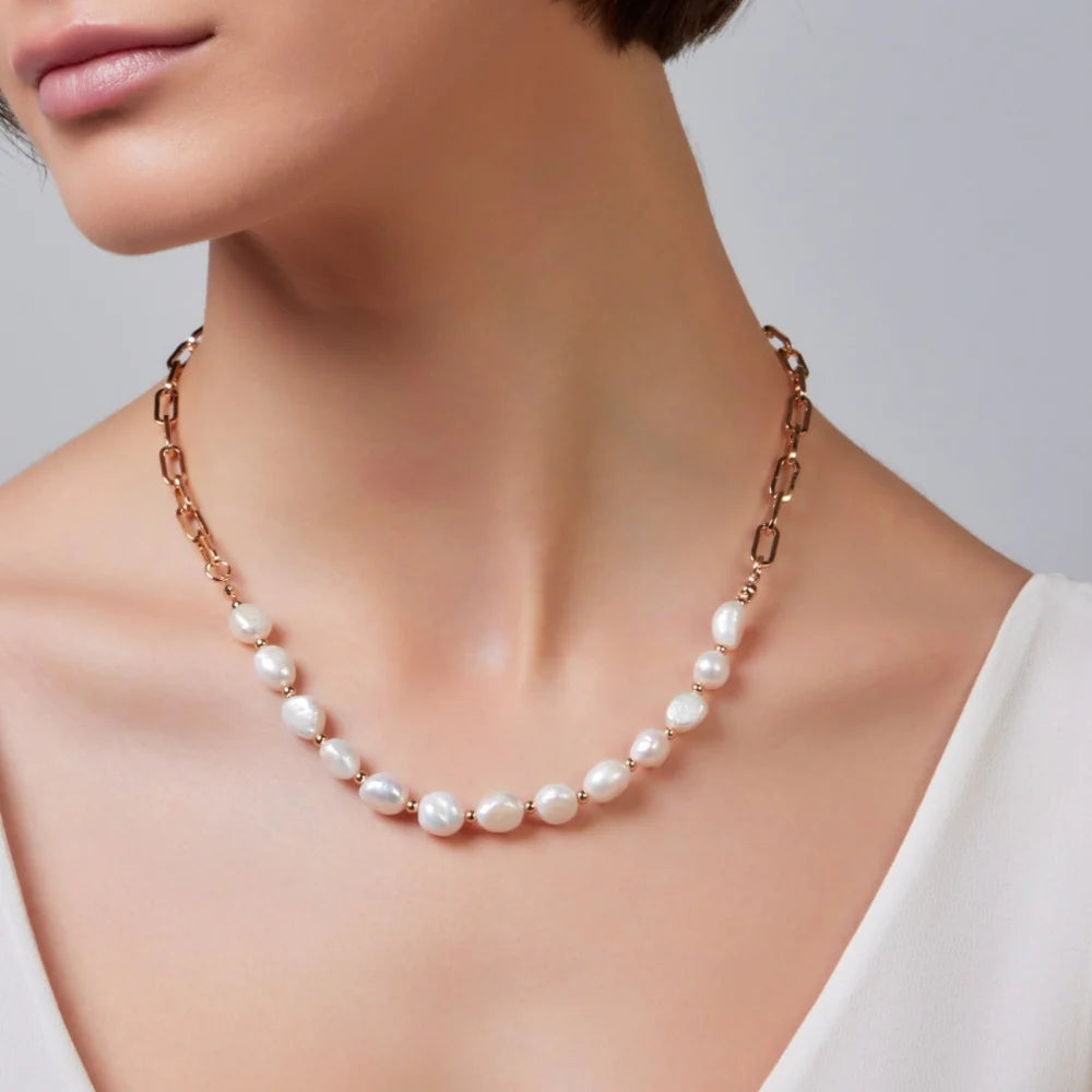 Freshwater Pearl & Paperclip Chain Necklace, Gold