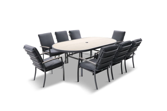 Monza 8 Seat Set with Lazy Susan, Highback Armchairs and 2.0 x 3.0m Parasol