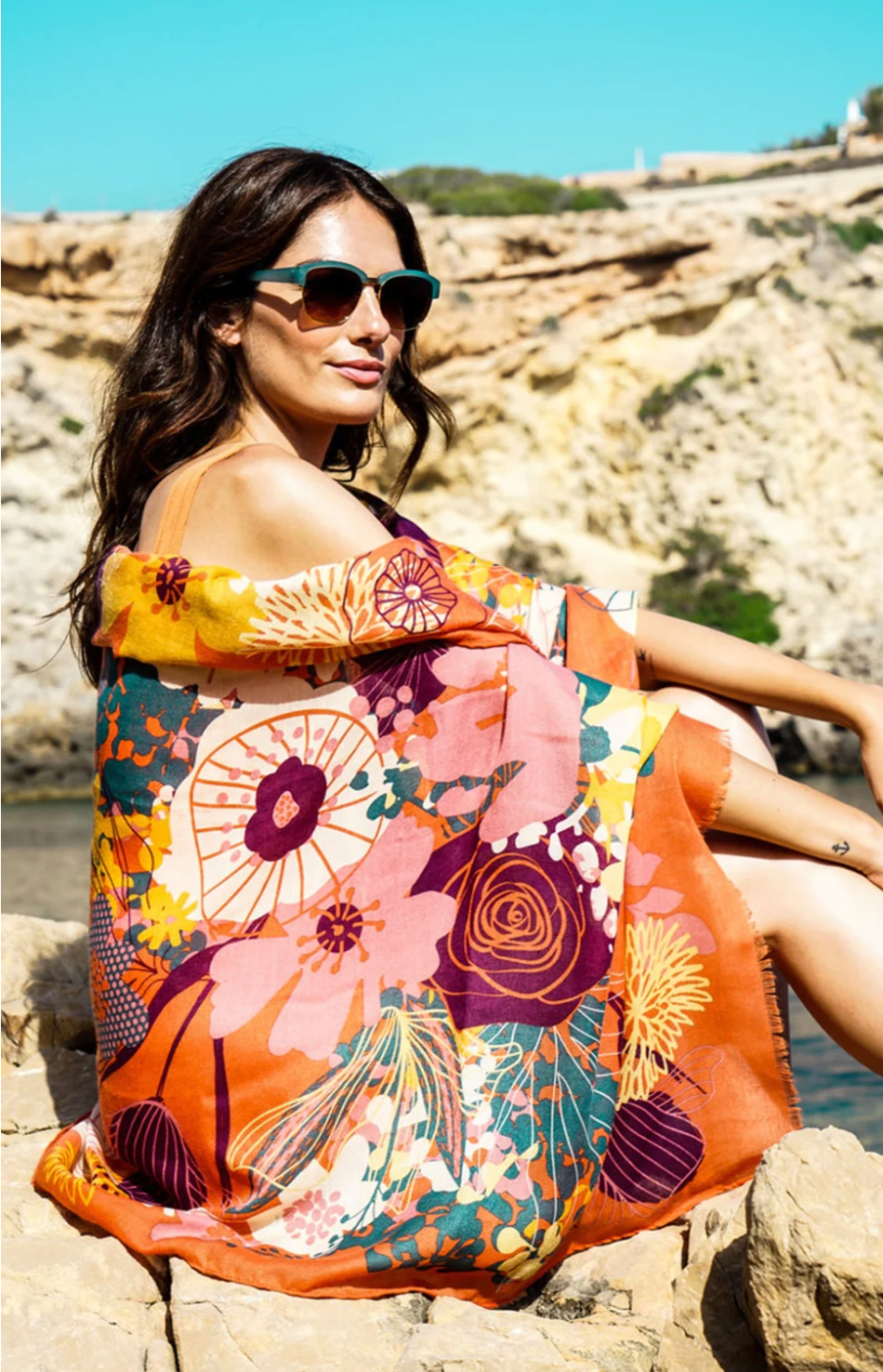 Modern Floral Printed Scarf Tangerine