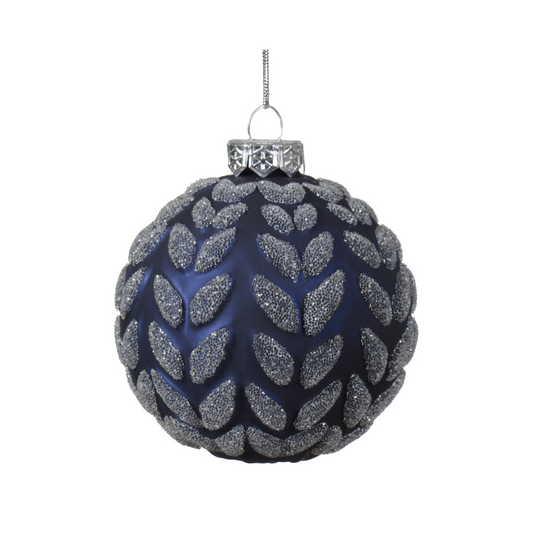 Navy Glass Bauble with Leaf 8cm