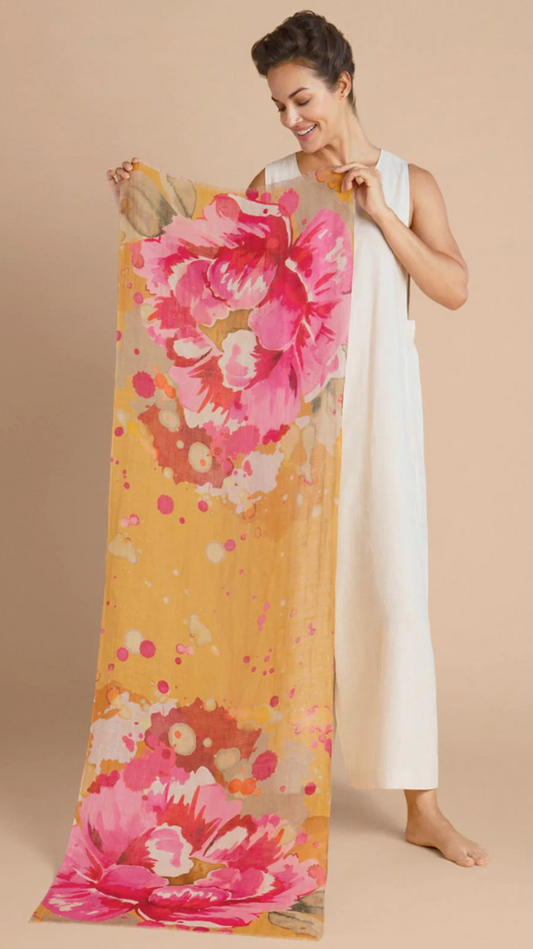 Painted Peony Linen Print Scarf - Mustard