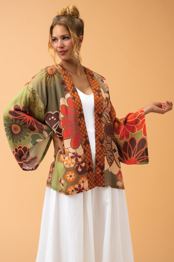 Powder 70s Kaleidoscope Floral Kimono Jacket - Sage