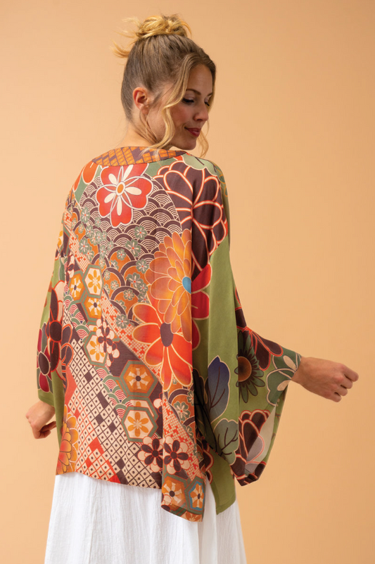 Powder 70s Kaleidoscope Floral Kimono Jacket - Sage