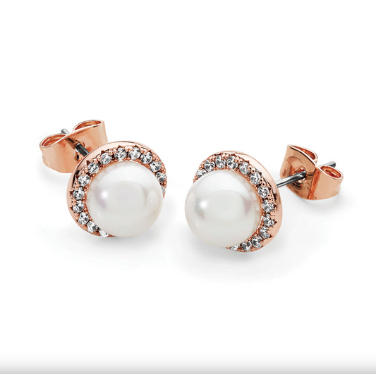 Tipperary Crystal Rose Gold Cz Circle With Pearl Earrings