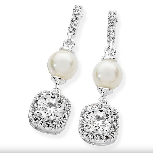 Tipperary Crystal Silver Pearl Bar With Cz Drop Earrings