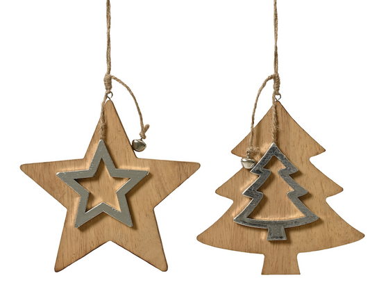 Wooden/Silver Star with bell W16cm H16.5cm