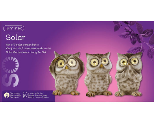 Set 3 Solar Owls polyresin H13cm