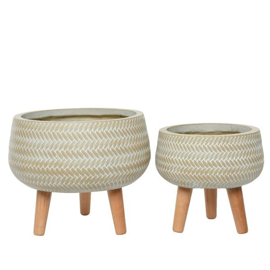 Sand coloured  Alex shallow planter on legs round bamboo outdoor