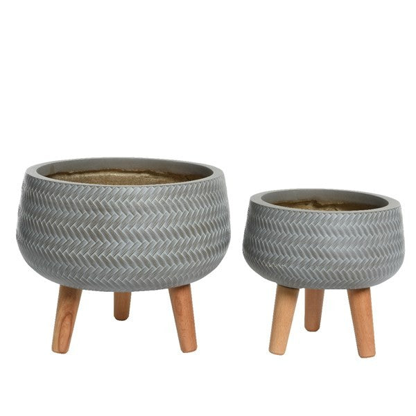 Taupe Alex shallow planter on legs round bamboo outdoor