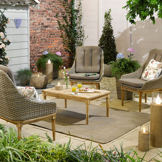 Beige Wicker Effect Solar table light fire flame effect