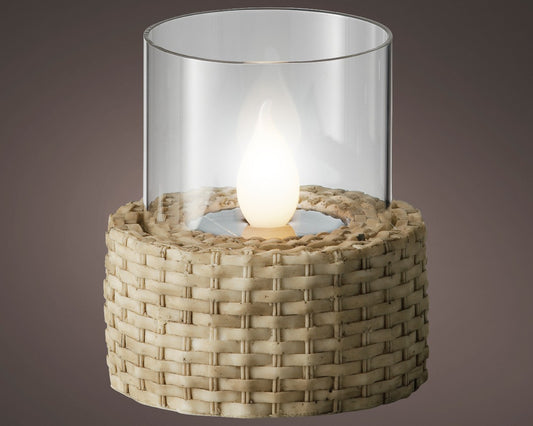 Beige Wicker Effect Solar table light fire flame effect