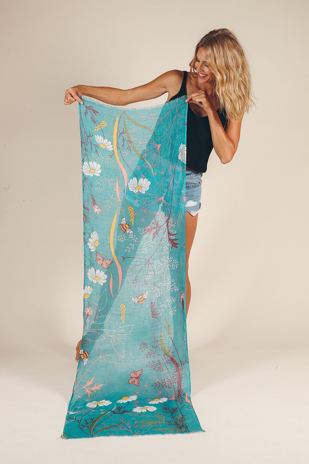 Summer Meadow Linen Print Scarf - Teal