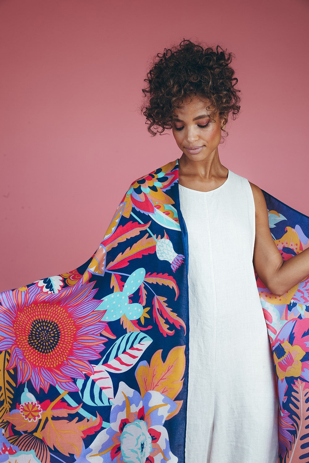 Fantasy Floral Print Scarf - Navy
