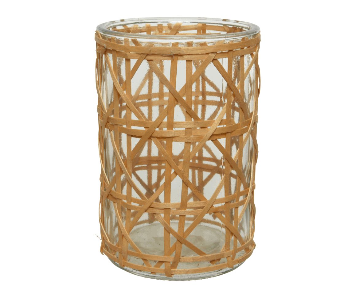 Tealightholder glass round rattan H15cm