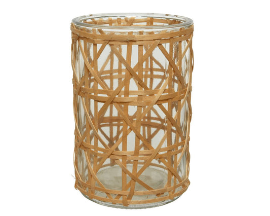 Tealightholder glass round rattan H15cm