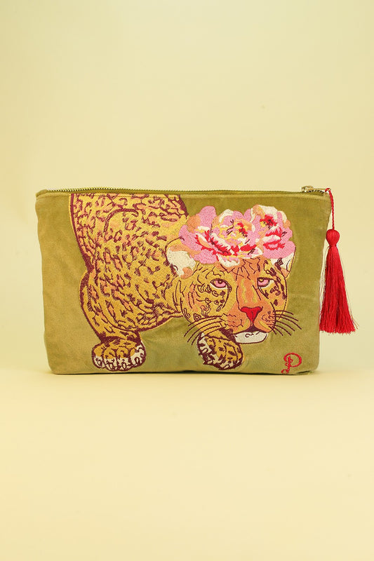 Climbing Leopard Velvet Zip Pouch