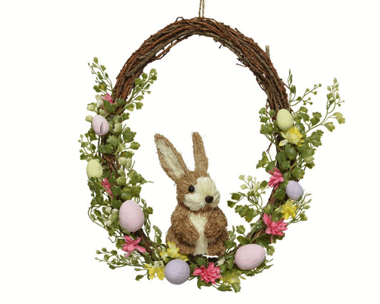 Wallhanger natural with flowers, eggs & bunny H36cm
